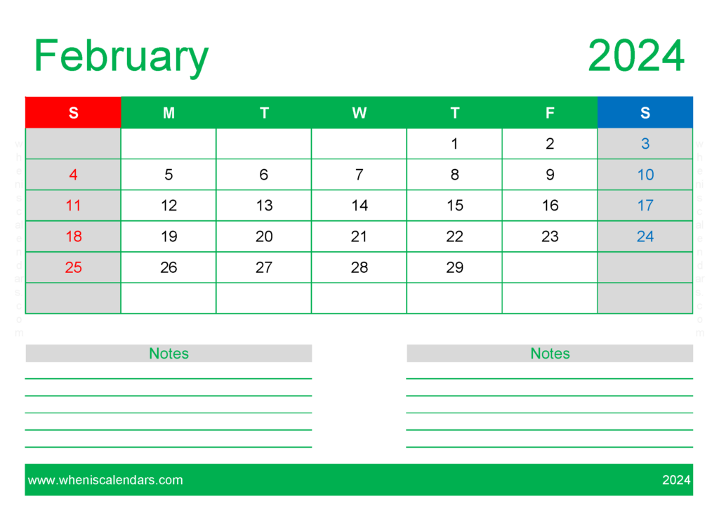 Download February month 2024 Holidays A4 Horizontal 24210