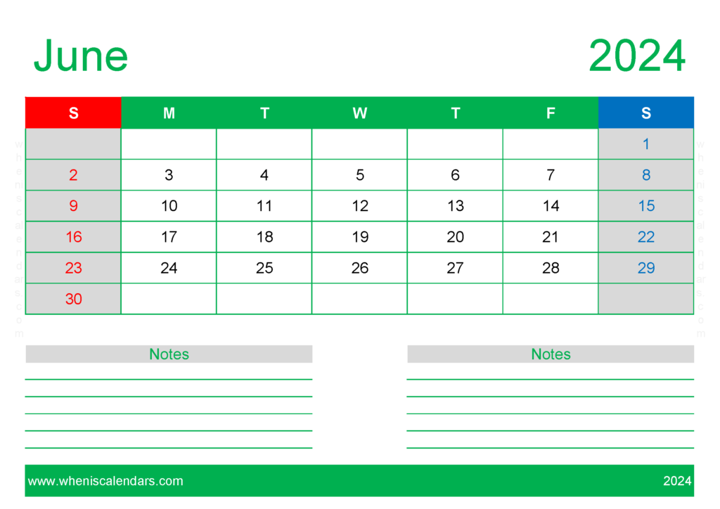 Download June month 2024 Holidays A4 Horizontal 64210