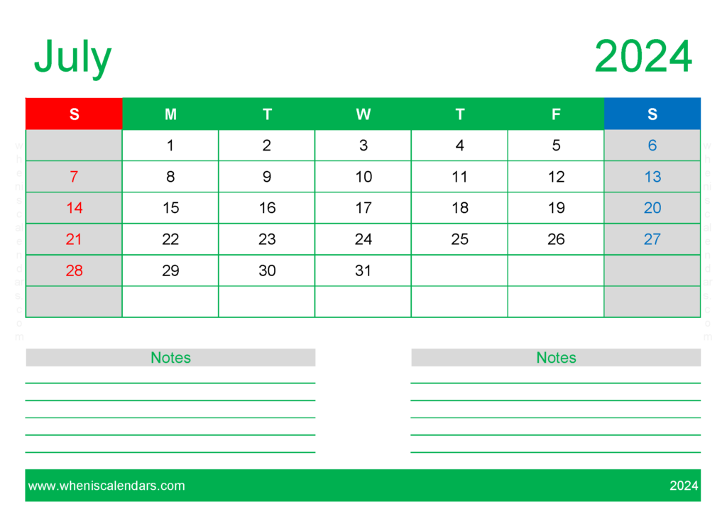 Download July month 2024 Holidays A4 Horizontal 74210