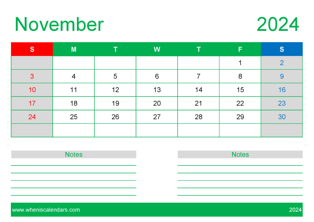 Download November month 2024 Holidays A4 Horizontal 114210