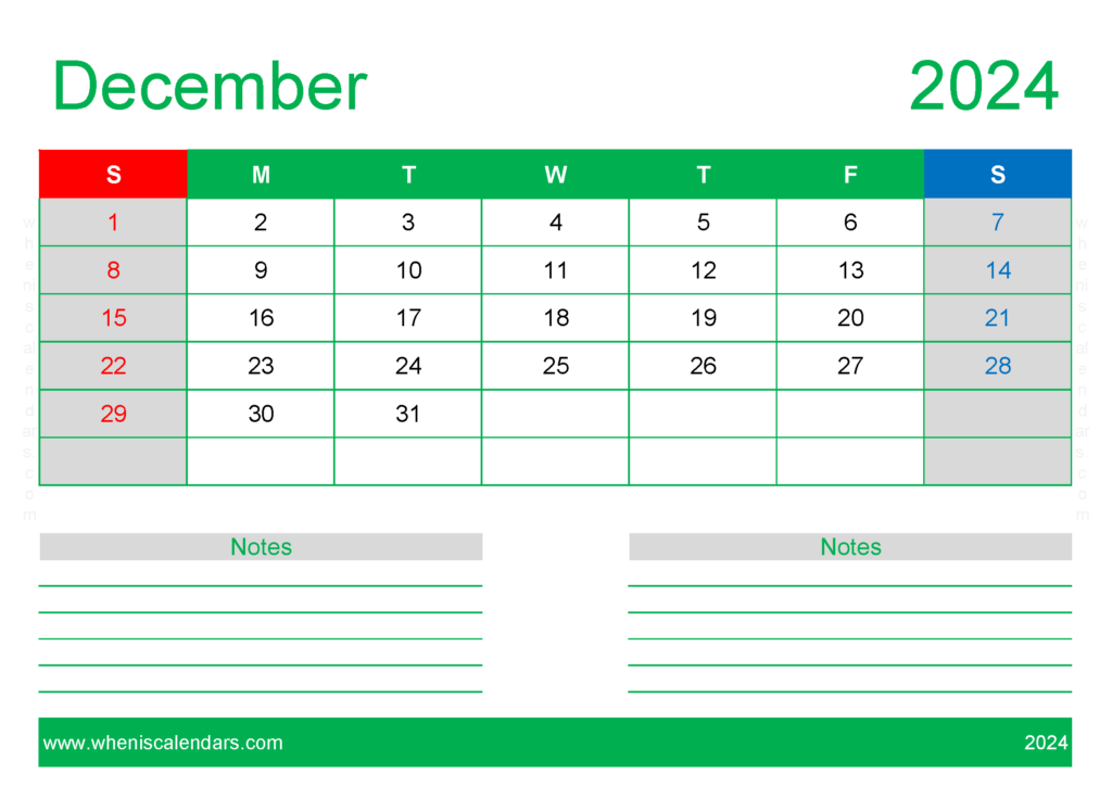 Download December month 2024 Holidays A4 Horizontal 124210