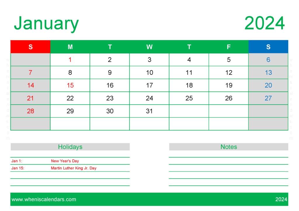 Download Jan 2024 Calendar Free Printable A4 Horizontal J4130