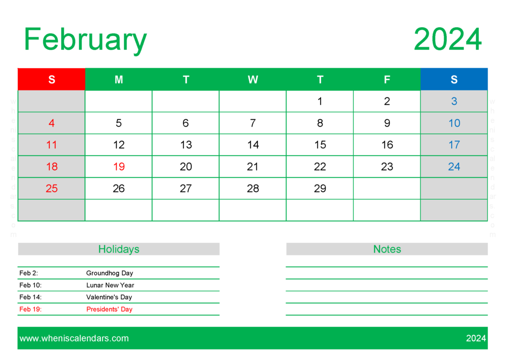 Download Feb 2024 Calendar Free Printable A4 Horizontal 24130