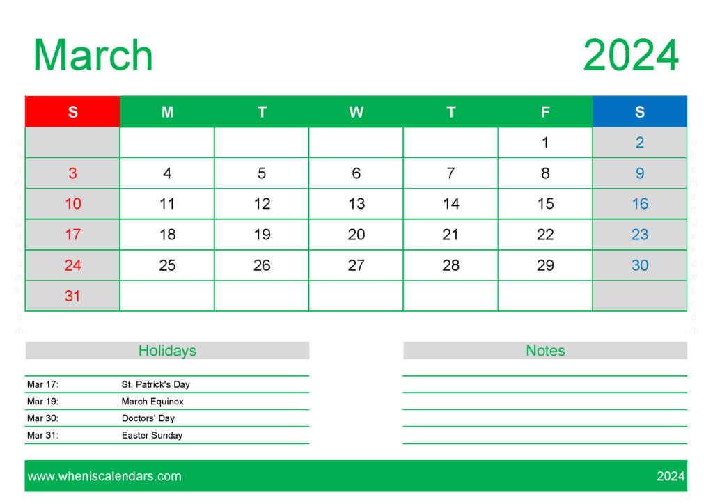 Download Mar 2024 Calendar Free Printable A4 Horizontal 34130