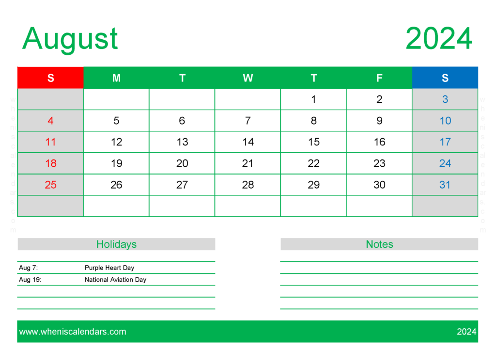Download Aug 2024 Calendar Free Printable A4 Horizontal 84130