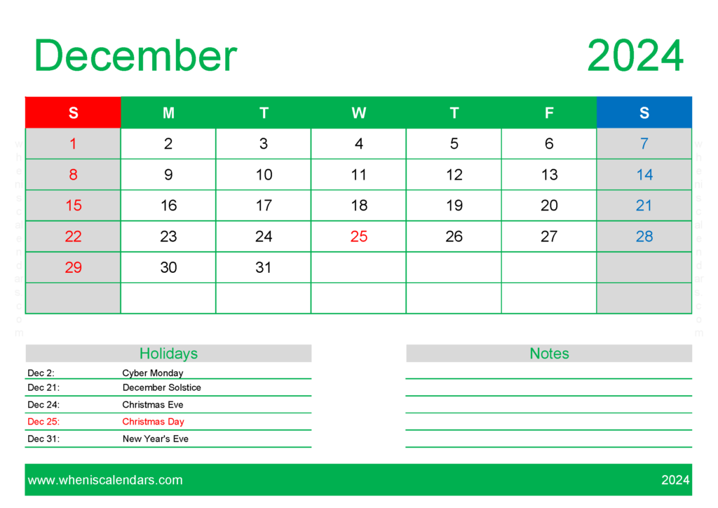 Download Dec 2024 Calendar Free Printable A4 Horizontal 124130