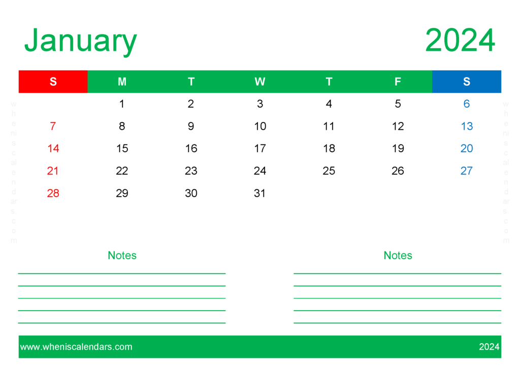 Download print January Calendar 2024 A4 Horizontal J4211