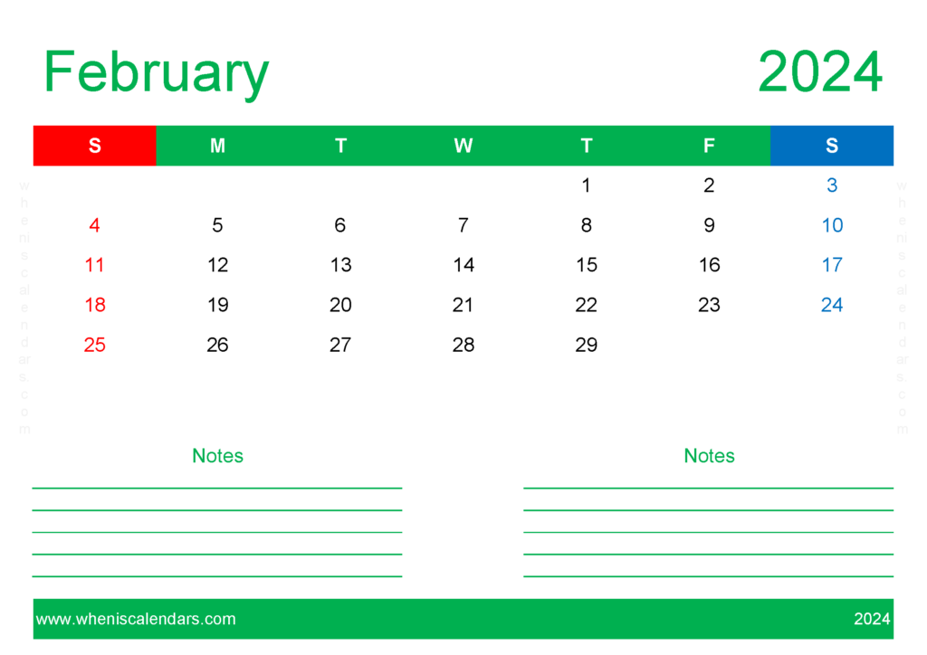 Download print February Calendar 2024 A4 Horizontal 24211