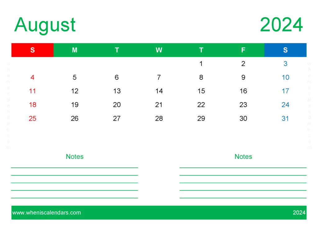 Download print August Calendar 2024 A4 Horizontal 84211