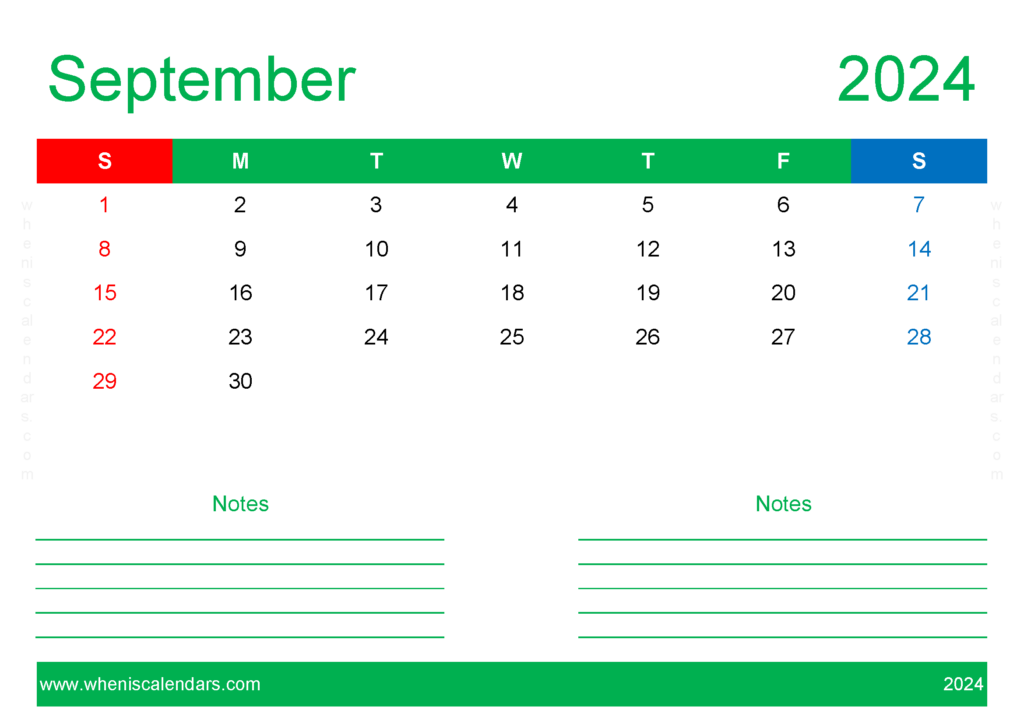 Download print September Calendar 2024 A4 Horizontal 94211