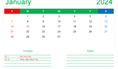 Download January Calendar Free Printable 2024 A4 Horizontal J4131