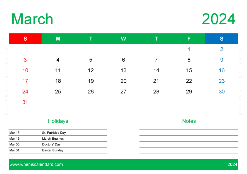 Download March Calendar Free Printable 2024 A4 Horizontal 34131