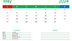month of May Calendar Printable 2024 M5411