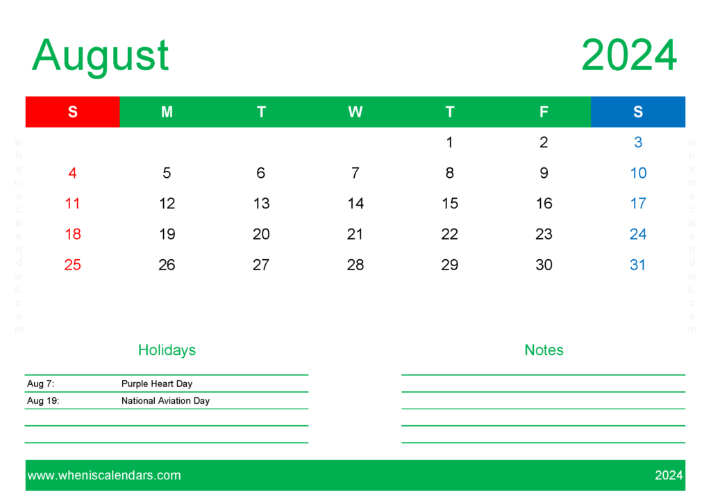 Download August Calendar Free Printable 2024 A4 Horizontal 84131