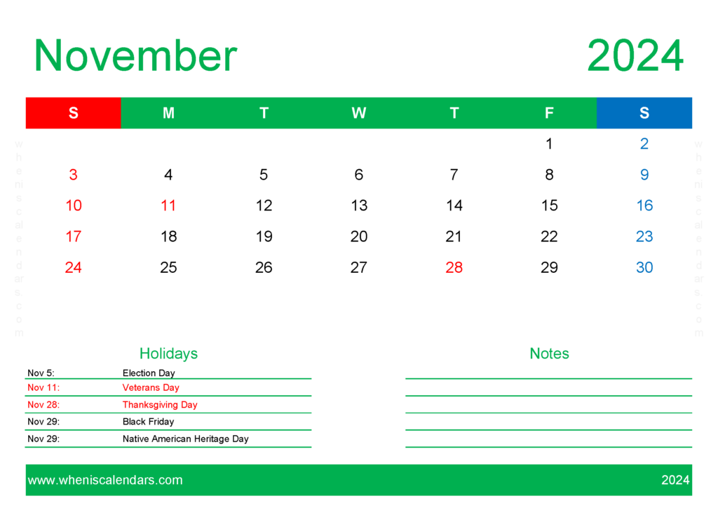 Download November Calendar Free Printable 2024 A4 Horizontal 114131