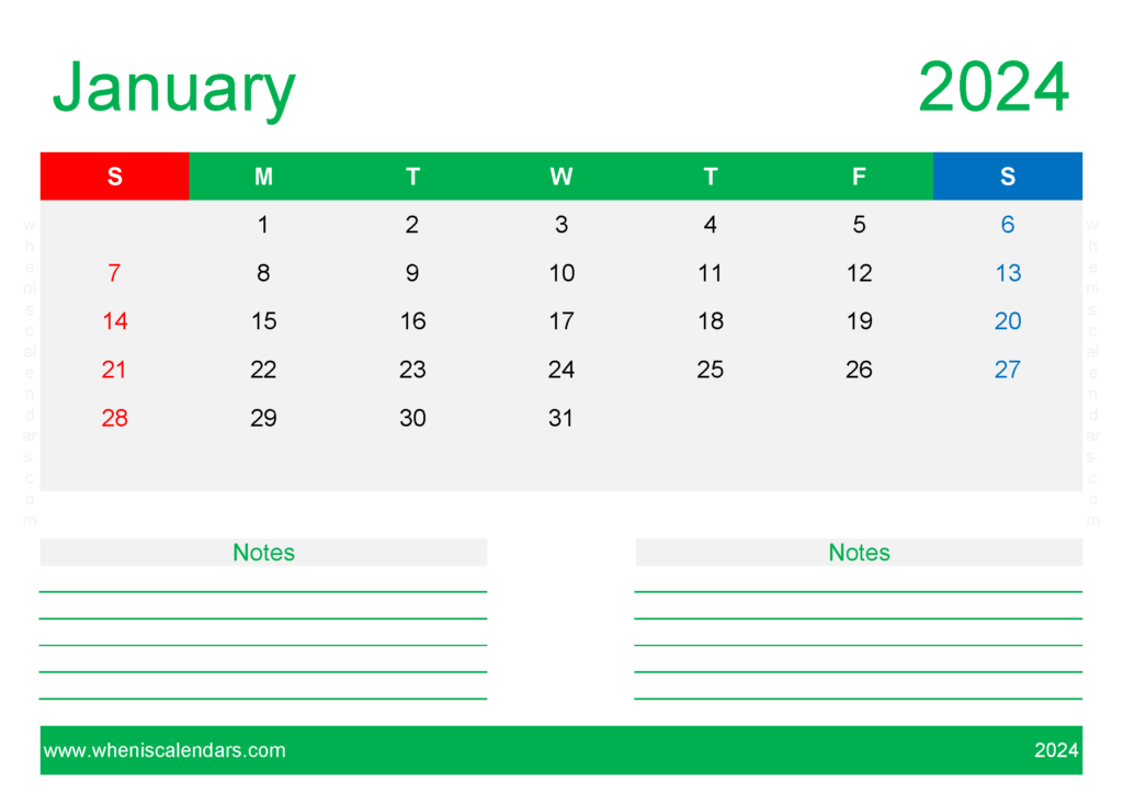 Download editable Calendar Template January 2024 A4 Horizontal J4212
