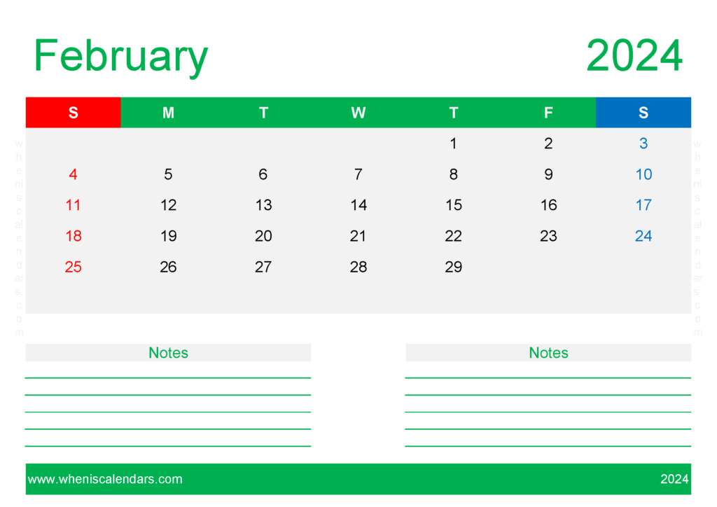 Download editable Calendar Template February 2024 A4 Horizontal 24212