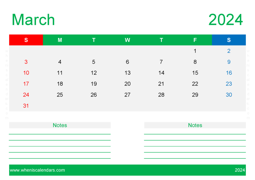 Download editable Calendar Template March 2024 A4 Horizontal 34212