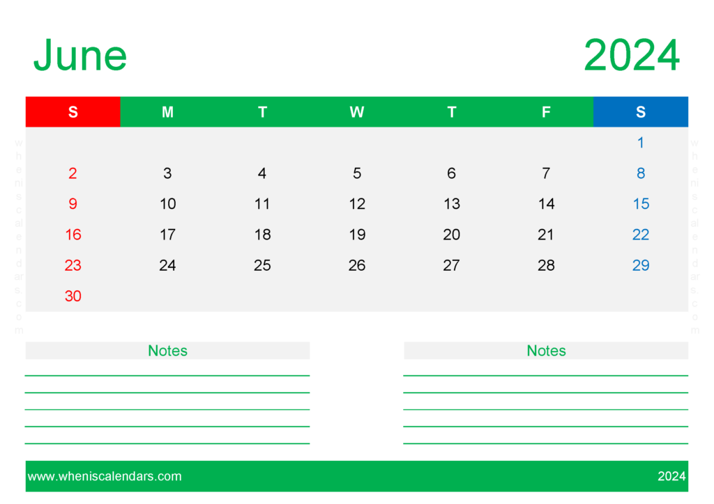 Download editable Calendar Template June 2024 A4 Horizontal 64212