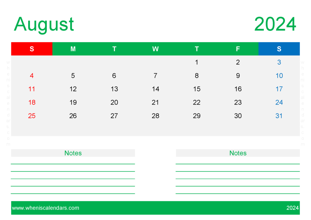 Download editable Calendar Template August 2024 A4 Horizontal 84212