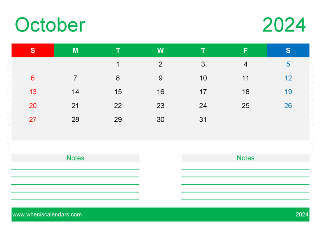 Download editable Calendar Template October 2024 A4 Horizontal 104212