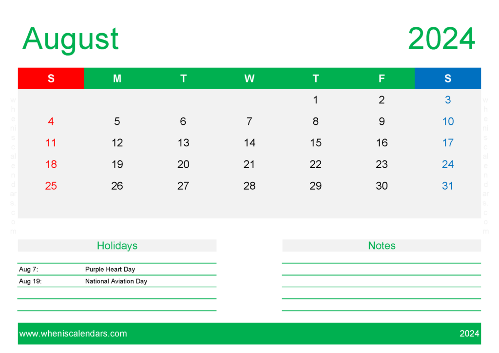 Download Blank August 2024 A4 Horizontal 84132