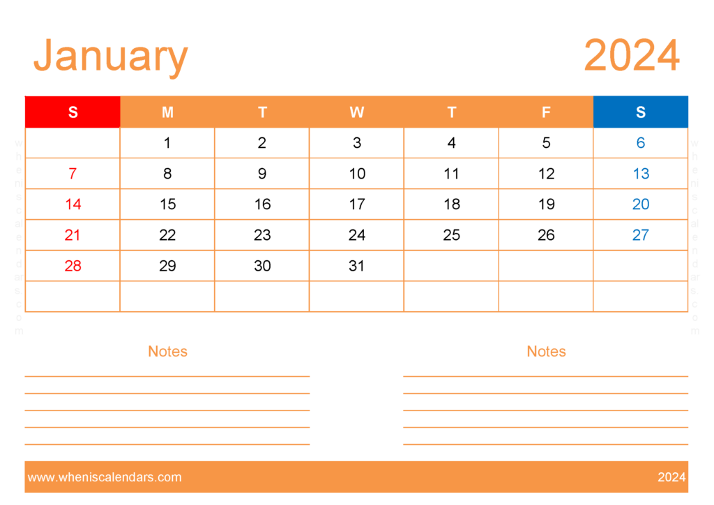 Download Free Printable Calendar com January 2024 A4 Horizontal J4213