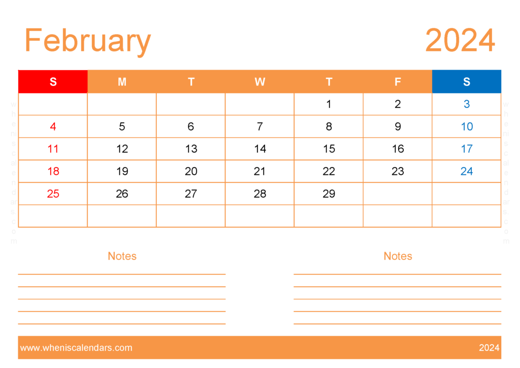 Download Free Printable Calendar com February 2024 A4 Horizontal 24213