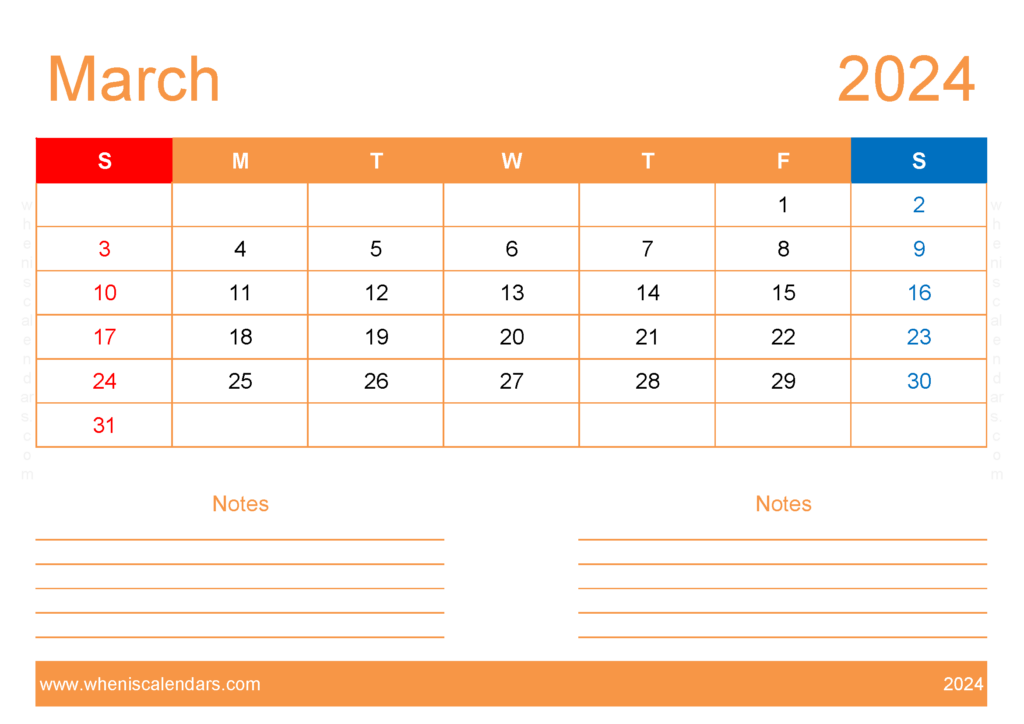 Download Free Printable Calendar com March 2024 A4 Horizontal 34213