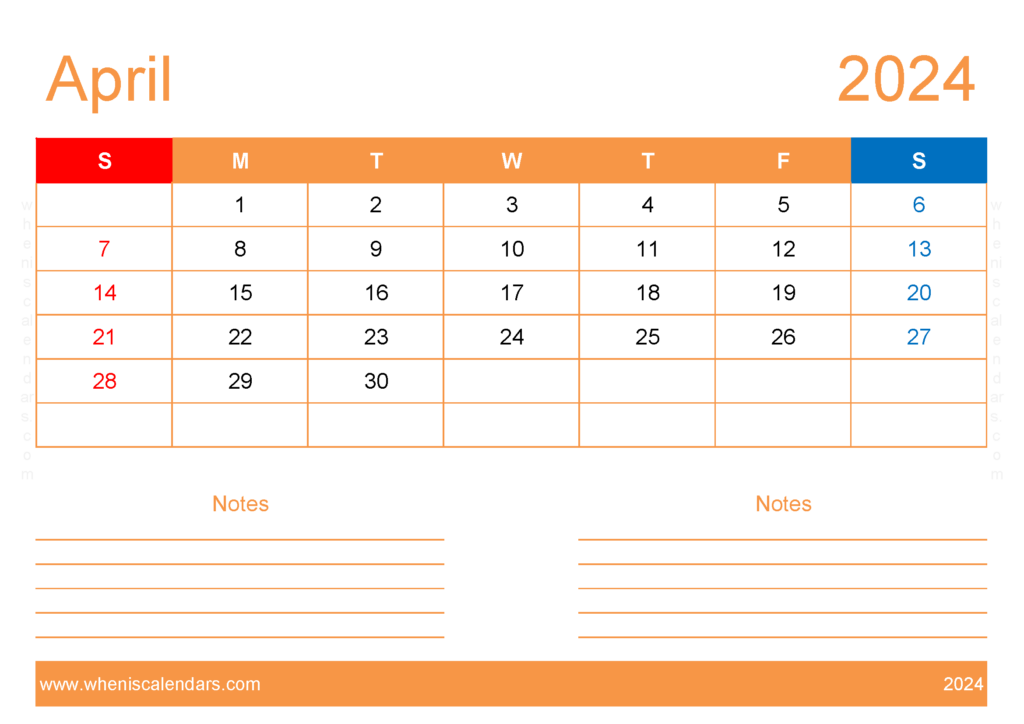 Download Free Printable Calendar com April 2024 A4 Horizontal 44213