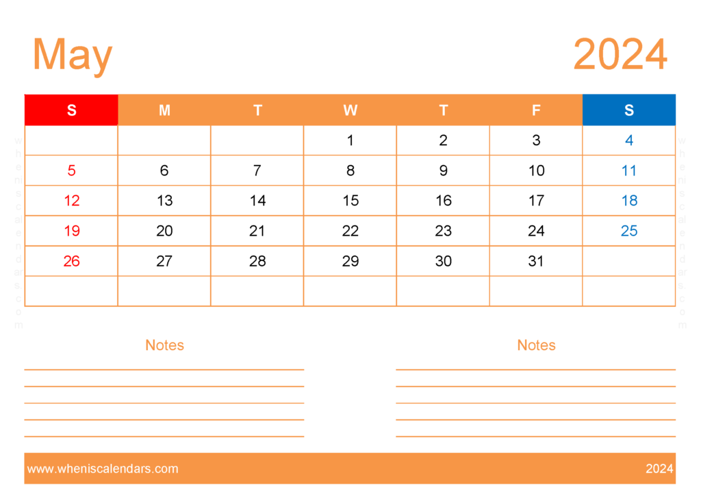 Download Free Printable Calendar com May 2024 A4 Horizontal 54213