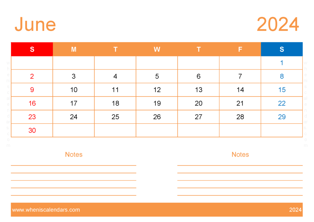 Download Free Printable Calendar com June 2024 A4 Horizontal 64213