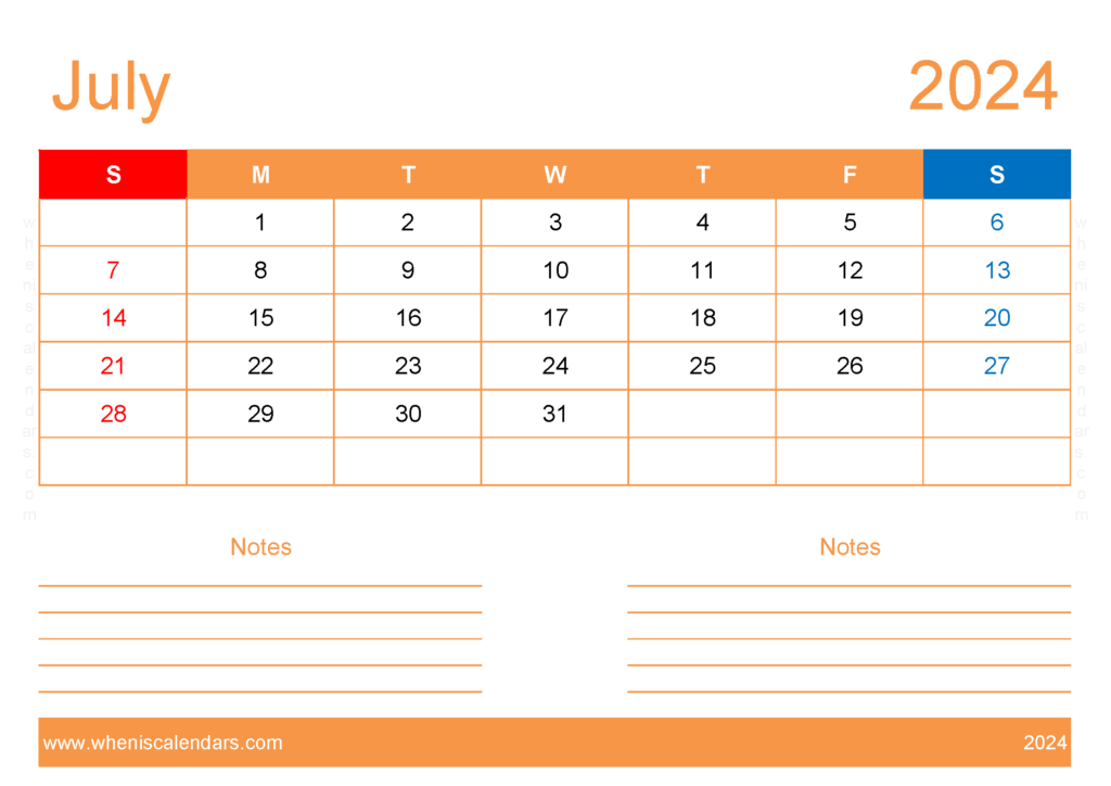 Download Free Printable Calendar com July 2024 A4 Horizontal 74213