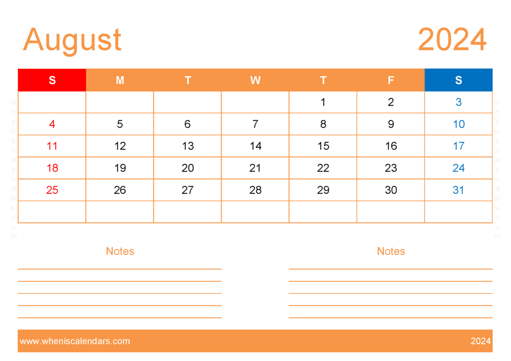 Download Free Printable Calendar com August 2024 A4 Horizontal 84213