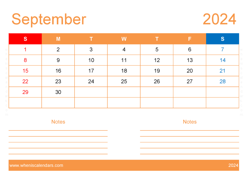 Download Free Printable Calendar com September 2024 A4 Horizontal 94213