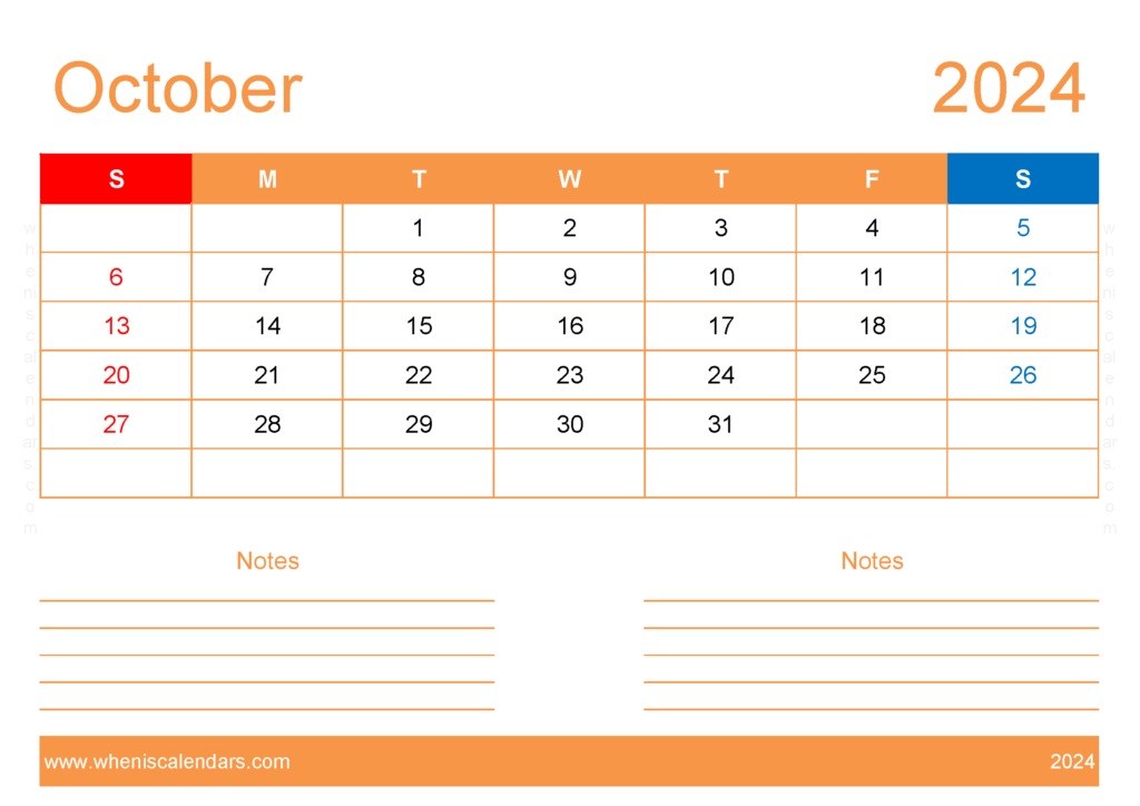 Download Free Printable Calendar com October 2024 A4 Horizontal 104213
