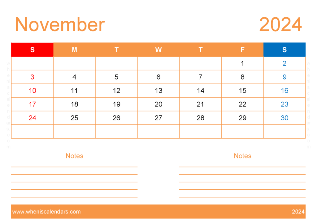 Download Free Printable Calendar com November 2024 A4 Horizontal 114213