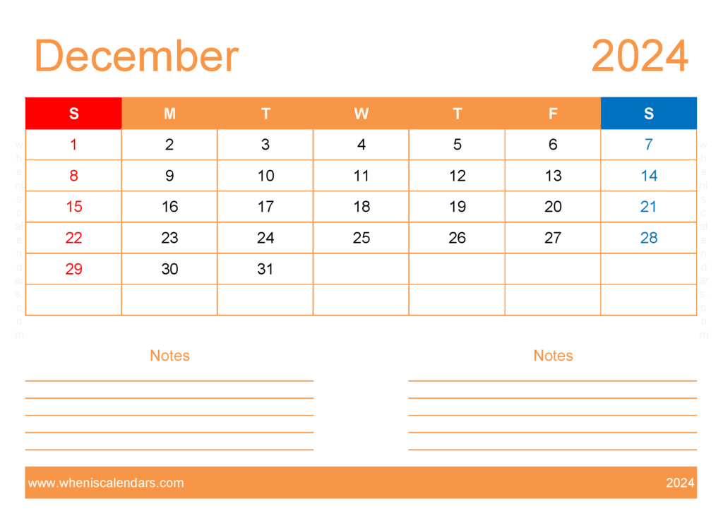 Download Free Printable Calendar com December 2024 A4 Horizontal 124213