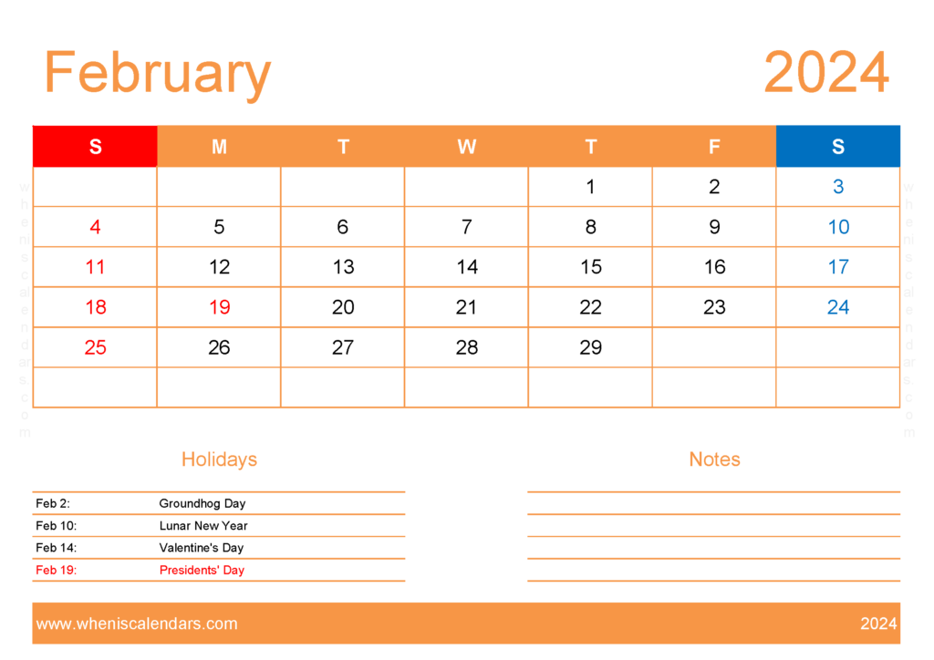 Download Calendar to print February 2024 A4 Horizontal 24133