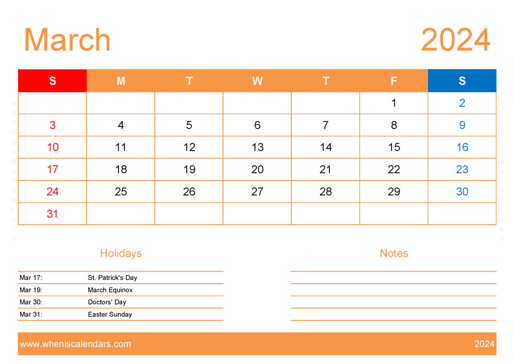 Download Calendar to print March 2024 A4 Horizontal 34133