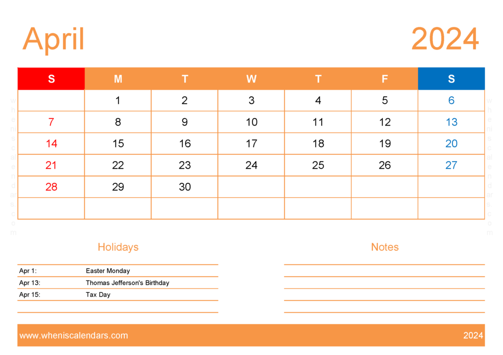 Download Calendar to print April 2024 A4 Horizontal 44133