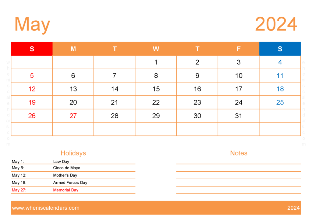Download Calendar to print May 2024 A4 Horizontal 54133