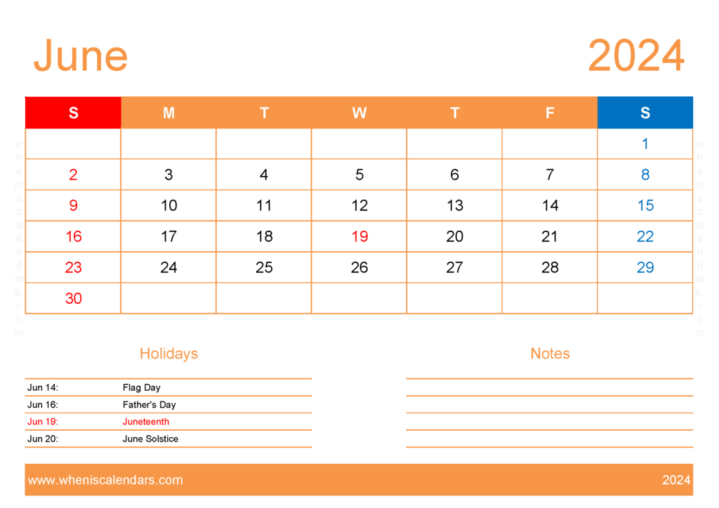 Download Calendar to print June 2024 A4 Horizontal 64133