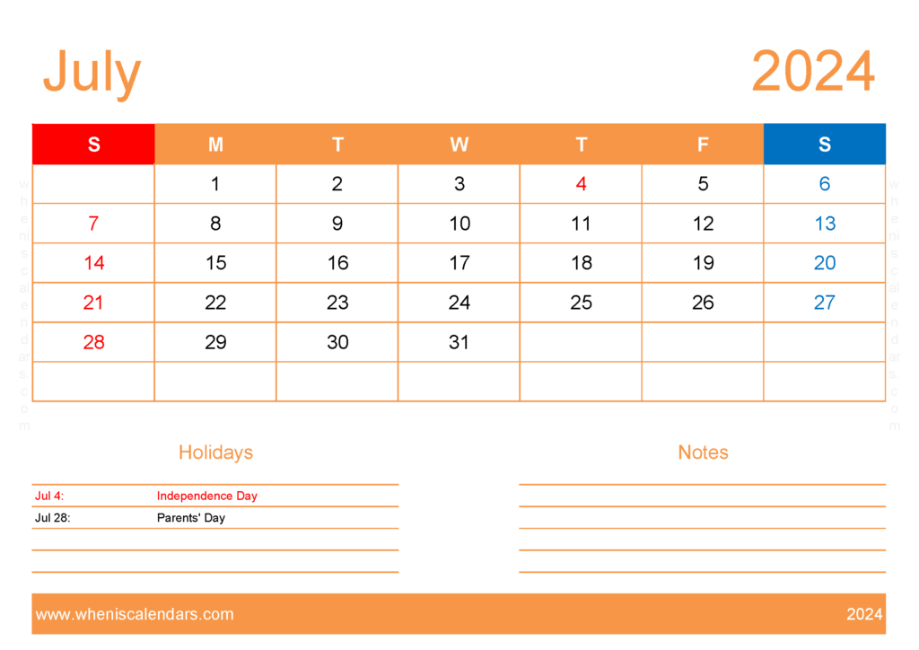 Download Calendar to print July 2024 A4 Horizontal 74133