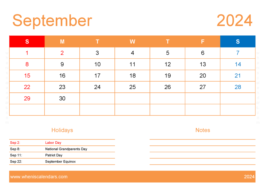 Download Calendar to print September 2024 A4 Horizontal 94133