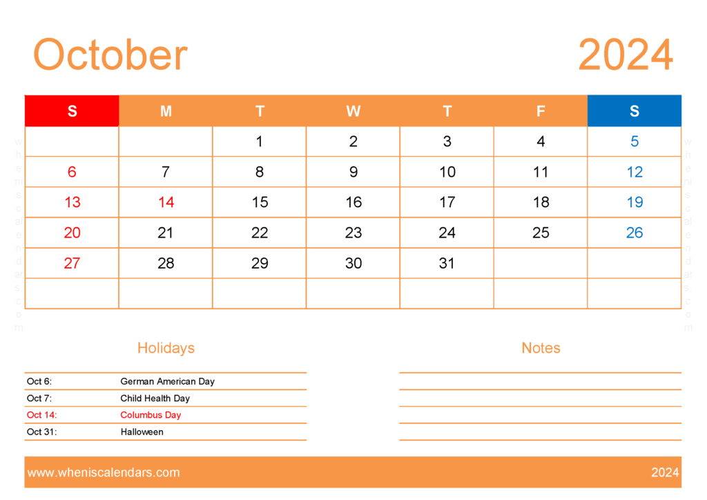 Download Calendar to print October 2024 A4 Horizontal 104133