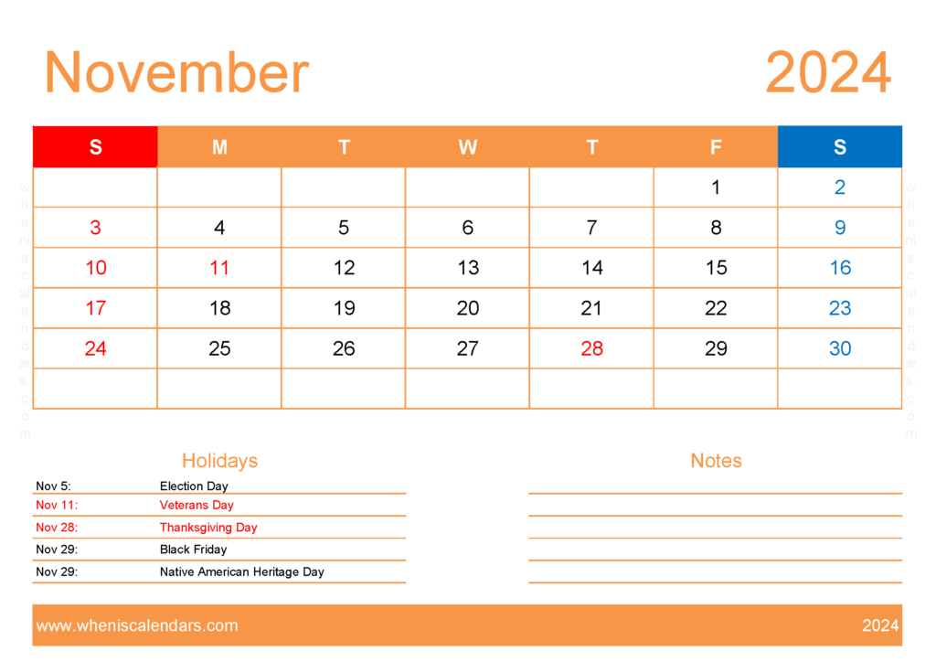 Download Calendar to print November 2024 A4 Horizontal 114133