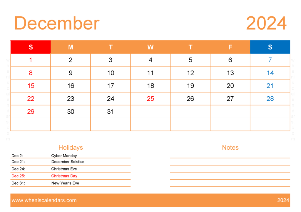 Download Calendar to print December 2024 A4 Horizontal 124133