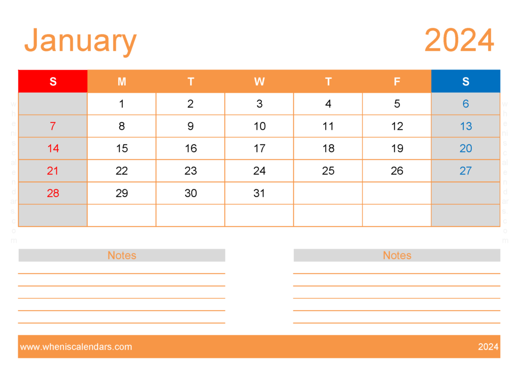 Download January 2024 Blank Calendar Template A4 Horizontal J4214
