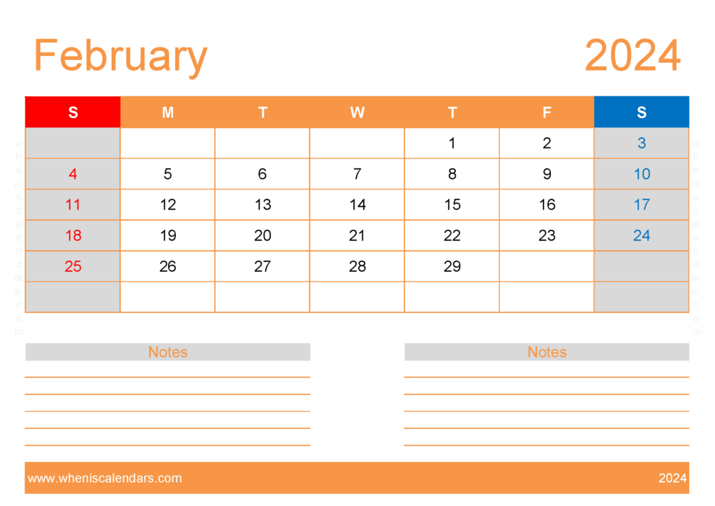 Download February 2024 Blank Calendar Template A4 Horizontal 24214